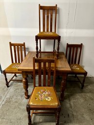 Antique Oak Draw Leaf Table With Four Needlepoint Chairs -Local Pick Up