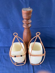 2 Hanging Candle Holders With Rattan And 1 Tall Wood Candle Holder.