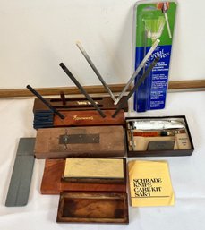 Lot Of 7 Sharpening Implements, Schrade Knife Care Kit, 2 Rod Whetstone Sharpeners, 3 Whetstones, Diamond File