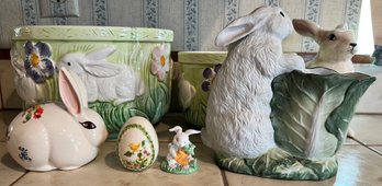 7 Easter Items, 2 Serving Bowls, Bunny Planter, 3 Bunnies,  Porcelain Egg.