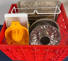 Red Crate Of Kitchen Utensils.
