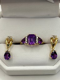 14k Gold Amethyst Ring And Earring Set