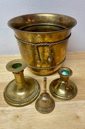 Brass Candle Holders, Planter, & Bell (4)