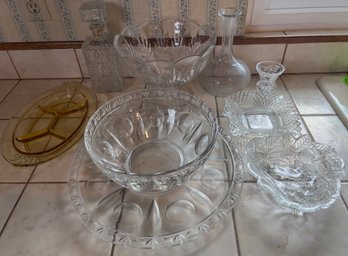 8 Glass Serving Dishes, Large Bowl And Platter, Pedestal Fruit Bowl, Amber Divided Plate, 2 Decanters, 2 Dish.