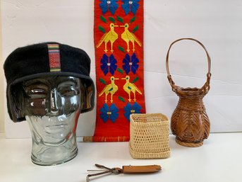 Variety Of Travel Items Small Tapestry, Baskets, Hat, Travel Grooming Kit