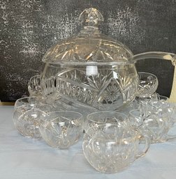 Cut Crystal With Etched Flower Punch Bowl W/lid And Glass Ladle