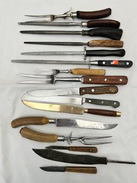 Lot Of Knives Serving Forks And Steels, Including Case, Shapleighs, Wusthof, Boker.