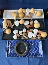 4 Ceramic Trays, 2 Dark Amber Jars, Seashore Items.