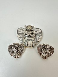 Vintage Carol Felley Angel  Story Teller Pendant Pin/Brooch   Earrings Sterling