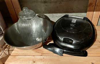 Lot Of Kitchen Items, Large Stainless Bowl, Water Dispenser, George Foreman Grill
