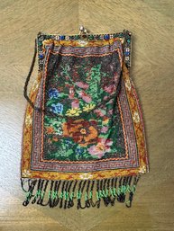Vintage Beaded Purse With Floral Scene