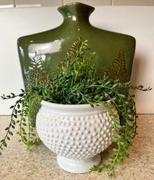 Green Vase And White Vase With Fake Greenery
