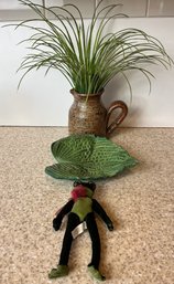 Brown Pitcher And Green Leaf Wall Hanging With Frog