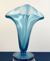 Vintage Blue Ruffled Hand Blown Floral Vase