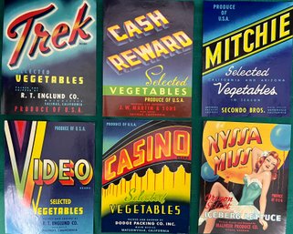 6 Vintage Original Vegetable Crate Labels.