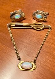 Vintage Opal And 10k Cufflinks And Tie Clip