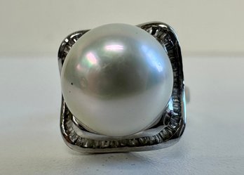 14k White Gold, Diamonds And Pearl Ring