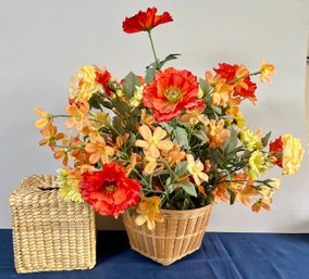 Faux Flower Basket And Rattan Kleenex Holder.