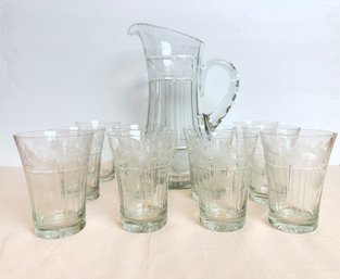Vintage Etched Glasses And Pitcher