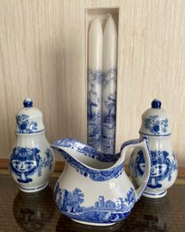 Blue S & P Shakers, Spode Pitcher & Candles