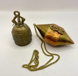 Lot Of 2 Brass Items:  Bell & Storage Box Necklace