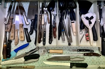 Large Drawer Full Of Knifes And Kitchen Utensils