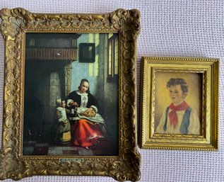 2 Framed Prints Young Boy And Lady With Child Peeling Apples.