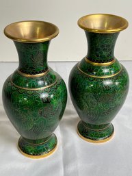 Pair Of Vintage Green Cloisonne Vases