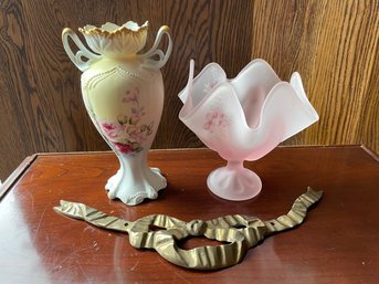 Lot Of 3 Shabby Chic Decor: Handpainted Vase, Viking Frosted Pink 'Handkerchief' Bowl, Brass Bow