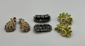 3 Pair Of Clip Rhinestone Earrings-missing Stones