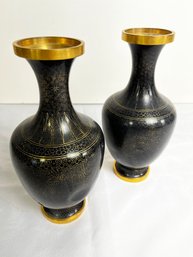 Pair Of Vintage Black And Gold Cloisonne Vases