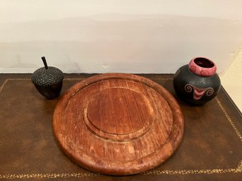 Acorn Cast Iron Candle Holder, Wood Tray, And Black Pot
