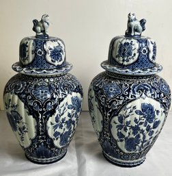Vintage Delft-Sphinx Ginger Jar With LID. Hand Painted Blue White Florals