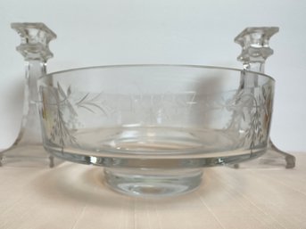Etched Glass Bowl And Candlesticks