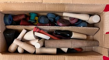 Box Of Vintage Wooden Game Pieces, Spools, And Parts.