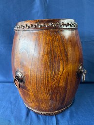 Wood And Leather Drum With Brass Accents.