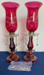 Etched Cranberry Glass Candle Lamps