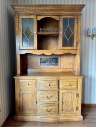 Vintage Oak Kitchen Hutch With Stained Glass Door Fronts