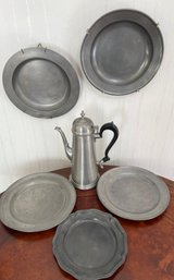 5 Pewter Plates And A Pitcher.