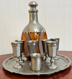Royal Holland Pewter And Glass Decanter With Shot Glasses And Platter.