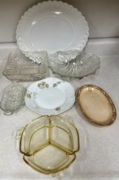 Platter, 2 Bowls, 2 Plates, Amber Divided Dish, Glass Relish Dish