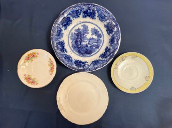 Lot Of 4: Beautiful Flow Blue Bowl And Misc China Plates