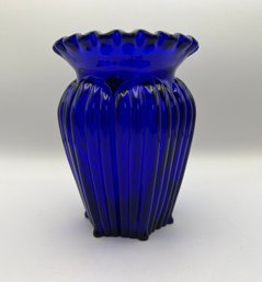 Fenton Cobalt Blue Ribbed Vase With Ruffled Top And 6 Feet