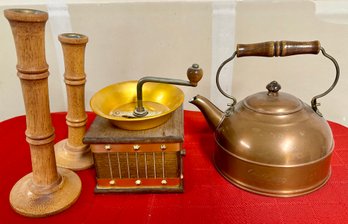 Copper Teapot Coffee Grinder And Wood Candlesticks