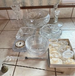 11 Items, 2 Ashtrays, 2 Sets Candle Holders, Compote Bowl, Clock, Napkin Rings, Knife, Candle Snuffer.