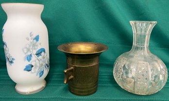 3 Vintage Flowerpots, Crystal Is Chipped, Brass Very Heavy, No Markings.