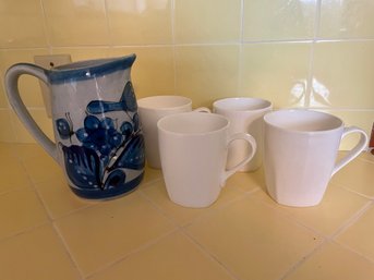 Mexican Pottery Pitcher 4 White Mugs