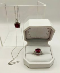 14k White Gold And Sapphire **OR Ruby Ring And Necklace Set