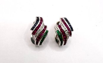 18k White Gold With Diamond, Sapphire, Ruby And Emeralds Earrings