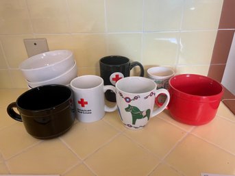 6 Miscellaneous Mugs & 2 White Bowls